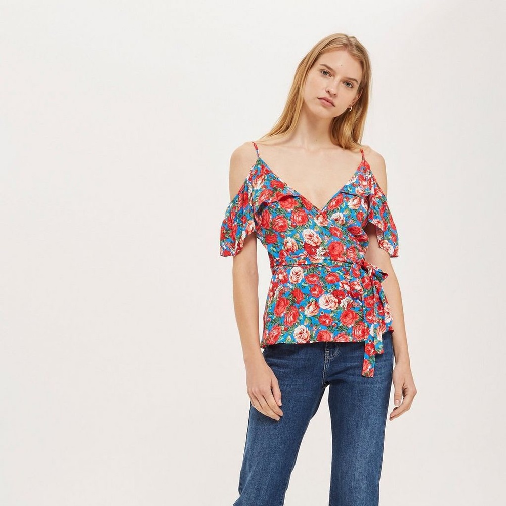 Topshop Floral Print Cold-shoulder Warp Top Red 6